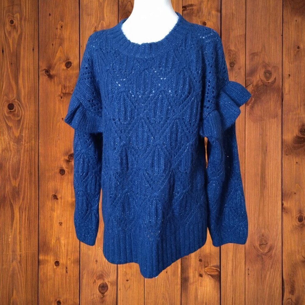 Old Navy Blue Ruffle Trim Pointelle Long Sleeve Cozy Knit Sweater Size Large